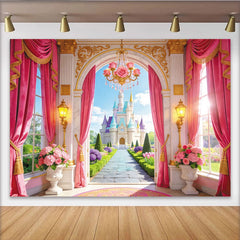Lofaris Toile de fond de photographie château de conte de fées, entrée royale rose et or, magnifique arrière-plan pour studio photo