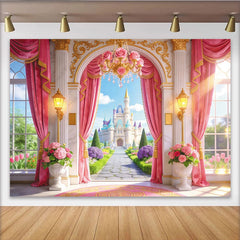 Lofaris Toile de fond de photographie château de conte de fées rose et or, élégant arrière-plan de princesse pour studio photo