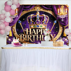 Lofaris Toile de fond joyeux anniversaire royale violet et or avec couronne, magnifique décor de fête avec lustres et étoiles pour studio photo