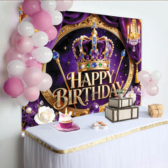 Lofaris Toile de fond joyeux anniversaire royale violet et or avec couronne, magnifique décor de fête avec lustres et étoiles pour studio photo