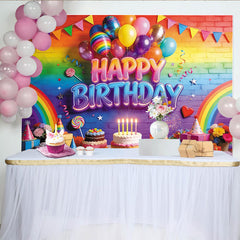 Lofaris Toile de fond joyeux anniversaire arc-en-ciel avec ballons et gâteaux, magnifique décor de fête pour enfants et studio photo