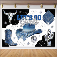 Lofaris Toile de fond anniversaire cowgirl disco avec chapeau et bottes bleues, décor scintillant pour fête western et studio photo