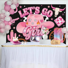 Lofaris Toile de fond rose pailletée pour anniversaire cowgirl Let's Go Girls, magnifique décor de fête western avec chapeau et bottes