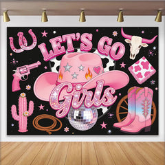 Lofaris Toile de fond rose pailletée pour anniversaire cowgirl Let's Go Girls, magnifique décor de fête western avec chapeau et bottes