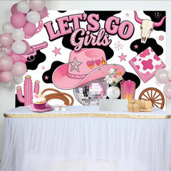 Lofaris Toile de fond rose cowgirl pour anniversaire fille avec chapeau et bottes, décor de fête scintillant avec boule disco et imprimé vache