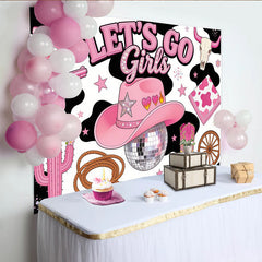 Lofaris Toile de fond rose cowgirl pour anniversaire fille avec chapeau et bottes, décor de fête scintillant avec boule disco et imprimé vache
