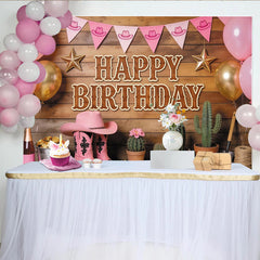 Lofaris Toile de fond pour anniversaire cowgirl rose avec chapeau et bottes, décor de fête western en bois pour studio photo