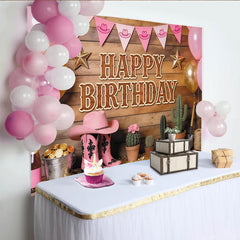 Lofaris Toile de fond pour anniversaire cowgirl rose avec chapeau et bottes, décor de fête western en bois pour studio photo