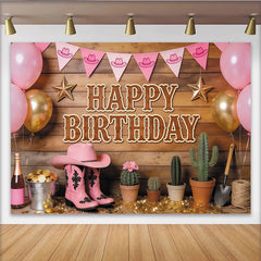 Lofaris Toile de fond pour anniversaire cowgirl rose avec chapeau et bottes, décor de fête western en bois pour studio photo
