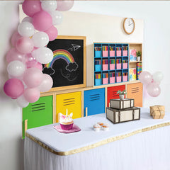 Lofaris Toile de fond de photographie salle de classe colorée avec arc-en-ciel et casiers, arrière-plan lumineux pour studio photo et enfants