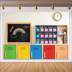 Lofaris Toile de fond de photographie salle de classe colorée avec arc-en-ciel et casiers, arrière-plan lumineux pour studio photo et enfants