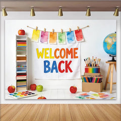 Lofaris Toile de fond bienvenue pour la rentrée scolaire colorée, arrière-plan éducatif avec fournitures pour studio photo et fête