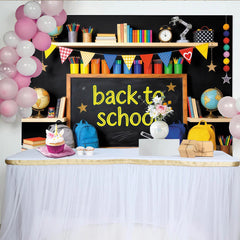 Lofaris Toile de fond tableau noir rentrée scolaire avec fournitures et globes, arrière-plan coloré pour studio photo ou décoration de classe
