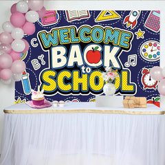 Lofaris Toile de fond pour la rentrée scolaire avec fournitures de dessin animé, arrière-plan bleu foncé pour studio photo et décoration