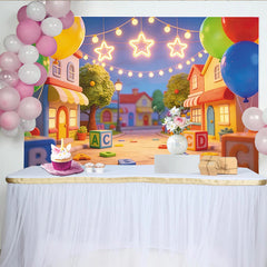 Lofaris Toile de fond anniversaire enfants rue dessin animé et blocs alphabet, décor de fête coloré pour studio photo