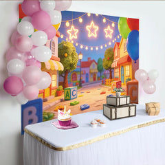 Lofaris Toile de fond anniversaire enfants rue dessin animé et blocs alphabet, décor de fête coloré pour studio photo