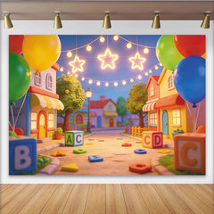 Lofaris Toile de fond anniversaire enfants rue dessin animé et blocs alphabet, décor de fête coloré pour studio photo
