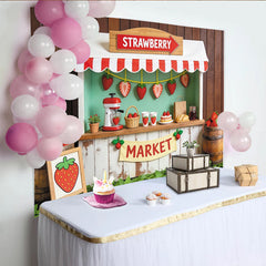 Lofaris Toile de fond de photographie marché aux fraises rustique et frais, superbe arrière-plan de stand en bois avec verdure pour studio