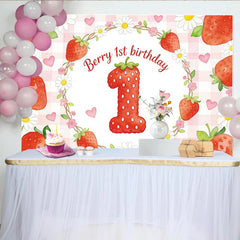Lofaris Toile de fond pour 1er anniversaire fraise et marguerites avec cœurs roses, magnifique décor de fête vichy pour bébé fille séance photo