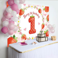 Lofaris Toile de fond pour 1er anniversaire fraise et marguerites avec cœurs roses, magnifique décor de fête vichy pour bébé fille séance photo