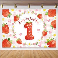 Lofaris Toile de fond pour 1er anniversaire fraise et marguerites avec cœurs roses, magnifique décor de fête vichy pour bébé fille séance photo