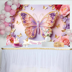 Lofaris Toile de fond anniversaire papillon rose et violet avec perles dorées, magnifique décor de fête pour enfants ou séance photo