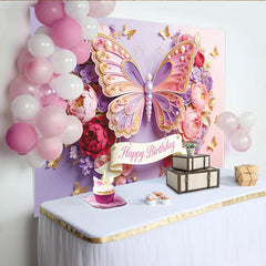 Lofaris Toile de fond joyeux anniversaire papillon rose et violet avec fleurs, magnifique décor de fête pour studio photo