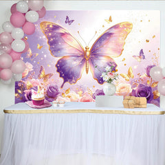 Lofaris Magnifique toile de fond de photographie papillon et fleurs violettes roses or, arrière-plan féerique scintillant pour studio ou fête