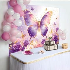 Lofaris Magnifique toile de fond de photographie papillon et fleurs violettes roses or, arrière-plan féerique scintillant pour studio ou fête