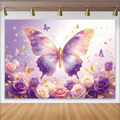 Lofaris Magnifique toile de fond de photographie papillon et fleurs violettes roses or, arrière-plan féerique scintillant pour studio ou fête