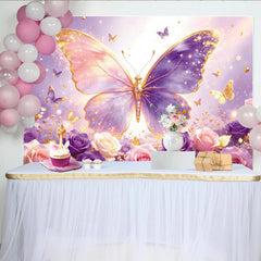 Lofaris Toile de fond anniversaire papillon et fleurs rose violet doré étincelant, magnifique décor de fête pour séance photo et célébration
