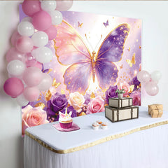 Lofaris Toile de fond anniversaire papillon et fleurs rose violet doré étincelant, magnifique décor de fête pour séance photo et célébration
