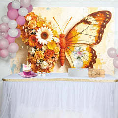 Lofaris Toile de fond florale papillon orange et jaune avec roses et tournesols, magnifique arrière-plan artistique pour studio photo