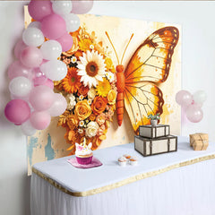 Lofaris Toile de fond florale papillon orange et jaune avec roses et tournesols, magnifique arrière-plan artistique pour studio photo