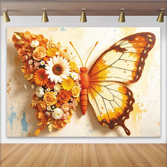 Lofaris Toile de fond florale papillon orange et jaune avec roses et tournesols, magnifique arrière-plan artistique pour studio photo