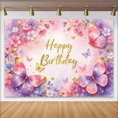Lofaris Toile de fond joyeux anniversaire papillons roses et violets, décor floral scintillant pour fête, arrière-plan de photographie