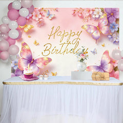 Lofaris Toile de fond joyeux anniversaire papillons scintillants et fleurs roses, magnifique décor de fête pour studio photo et enfants