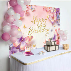 Lofaris Toile de fond joyeux anniversaire papillons scintillants et fleurs roses, magnifique décor de fête pour studio photo et enfants