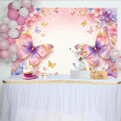 Lofaris Toile de fond pour baby shower fleurs et papillons roses, décor d'arrière-plan aquarelle scintillant pour studio photo