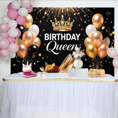 Lofaris Toile de fond anniversaire reine noir et or avec couronne et talons, élégant décor de fête pour femme et séance photo