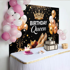 Lofaris Toile de fond anniversaire reine noir et or avec couronne et talons, élégant décor de fête pour femme et séance photo