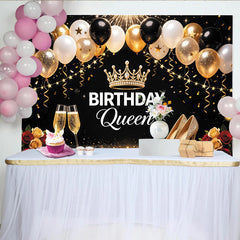Lofaris Toile de fond anniversaire femme reine noire et or avec ballons et couronne, magnifique décor étincelant pour célébration de fête