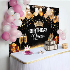 Lofaris Toile de fond anniversaire femme reine noire et or avec ballons et couronne, magnifique décor étincelant pour célébration de fête