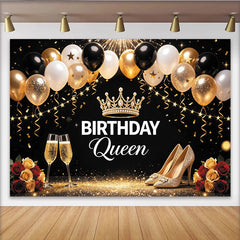 Lofaris Toile de fond anniversaire femme reine noire et or avec ballons et couronne, magnifique décor étincelant pour célébration de fête