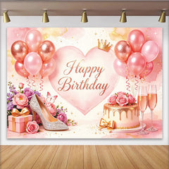 Lofaris Toile de fond anniversaire femme rose or rose ballons couronne, élégant décor de fête pour studio photo et célébration