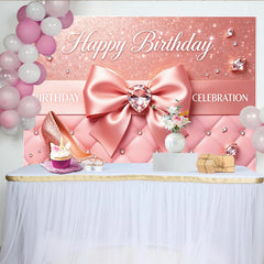 Lofaris Toile de fond anniversaire rose glamour nœud et talons hauts, magnifique décor de fête pour femmes, accessoire de studio photo