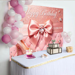 Lofaris Toile de fond anniversaire rose glamour nœud et talons hauts, magnifique décor de fête pour femmes, accessoire de studio photo
