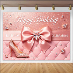 Lofaris Toile de fond anniversaire rose glamour nœud et talons hauts, magnifique décor de fête pour femmes, accessoire de studio photo