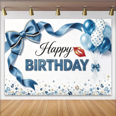 Lofaris Toile de fond joyeux anniversaire bleue avec ballons et perles, décor de fête élégant avec ruban pour studio photo