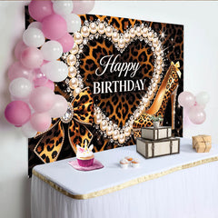 Lofaris Toile de fond pour anniversaire motif léopard, perles et talon haut, décor chic et glamour pour fête d'adultes ou studio photo